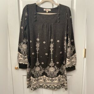 Axueh sweater dress. Dark gray & cream. Mini. Size L.